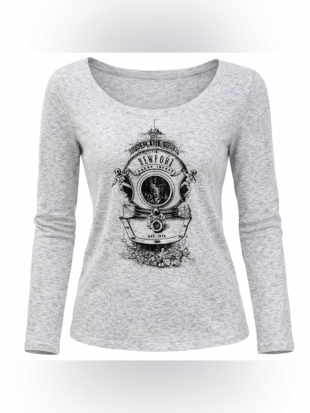 NEXT LEVEL NEWPORT RI Grey Long-Sleeve Graphic Scoop Neck Top Size Small